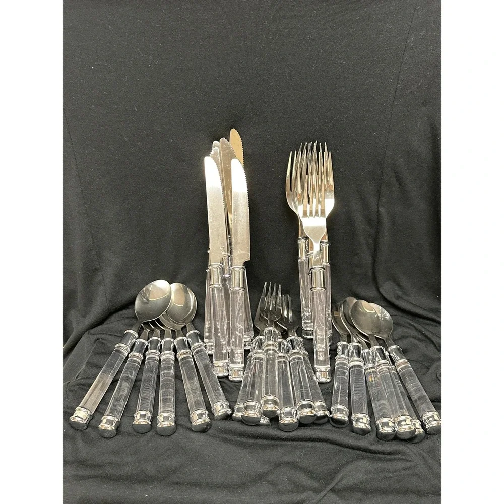 Vintage Look 32 Pce Set Flatware Clear Acrylic Handles Stainless Steel Plus Tray